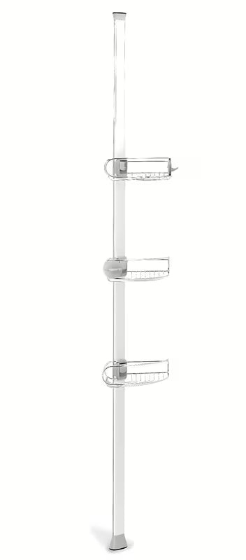 Reguliuojama dušo stovas Simplehuman Shower caddy su vielinėmis lentynėlėmis į kampą iš nerūdijančio plieno.