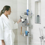 Reguliuojama dušo stovas Simplehuman Shower caddy su vielinėmis lentynėlėmis į kampą iš nerūdijančio plieno.