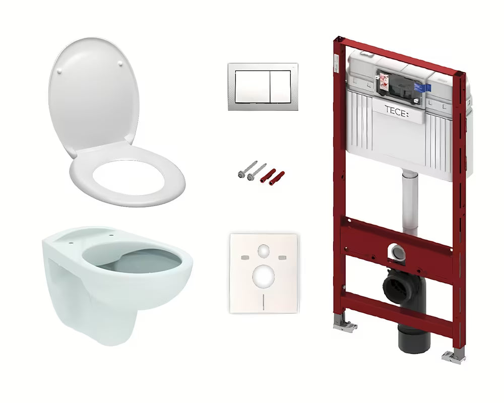 Pakabinami WC komplektas Siko S-Line Pro su potinkiniu bakeliu TECE ir chromuotu TECEbase mygtuku