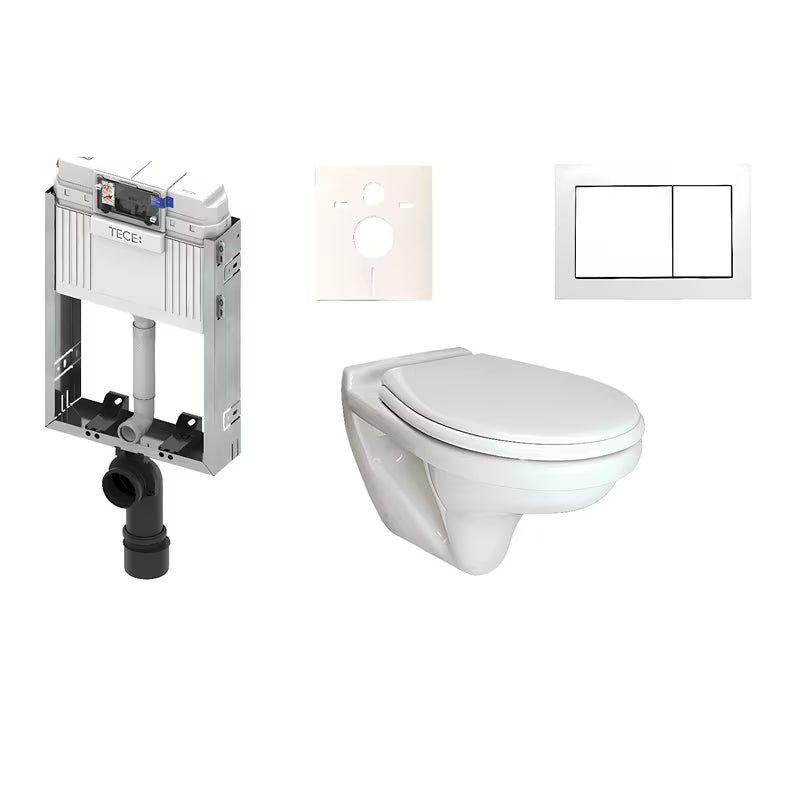 Pakabinami WC komplektas Vidima S-Line Pro su potinkiniu bakeliu TECE ir baltu nuleidimo mygtuku