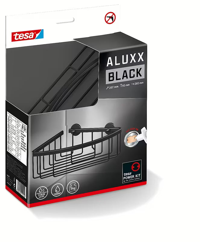 Kampinė dušo lentynėlė Tesa matinės juodos spalvos su tvirtinimu be gręžimo Tesa Power.Kit
