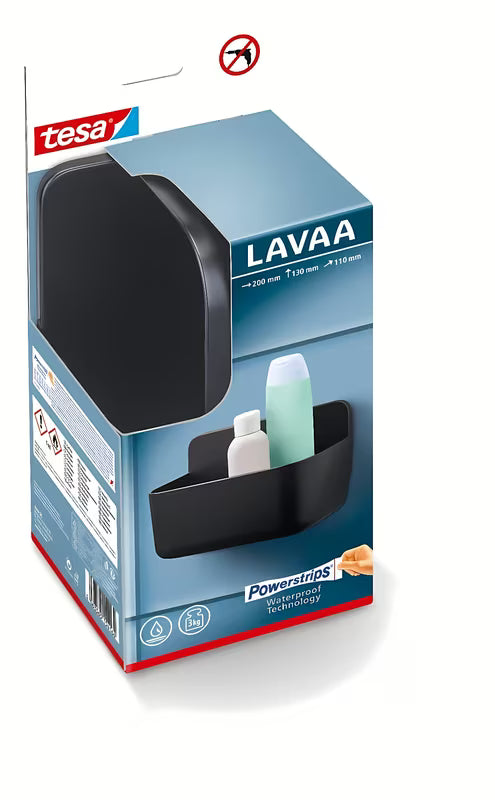 Juoda dušo lentynėlė Tesa Lavaa be gręžimo, su klijuojama tesa Powerstrips Waterproof sistema