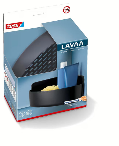Kampinė dušo lentynėlė Tesa matinės juodos spalvos, montuojama be gręžimo naudojant Powerstrips Waterproof.