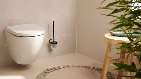 Tesa WC šepetys v formos spalvos šlifuoto hard graphite su Power.Kit tvirtinimu be gręžimo ir matiniu stikliniu induku