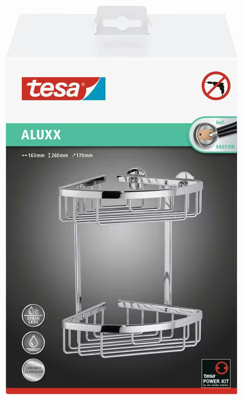 Chromuotas kampinis metalinių vielų krepšelis Tesa Aluxx į dušai su tvirtinimu be gręžimo tesa Power.Kit.