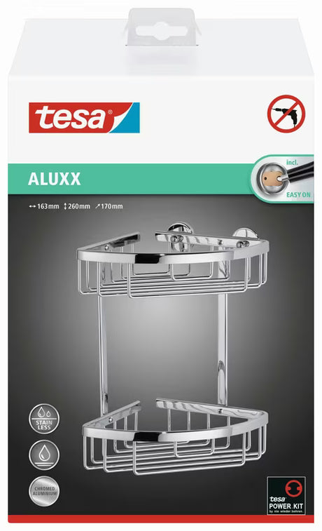 Chromuotas kampinis metalinių vielų krepšelis Tesa Aluxx į dušai su tvirtinimu be gręžimo tesa Power.Kit.