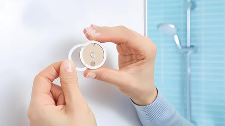 Chrominis platus krepšelis į dušai Tesa Aluxx su montavimu be gręžimo naudojant tesa® Power.Kit technologiją.
