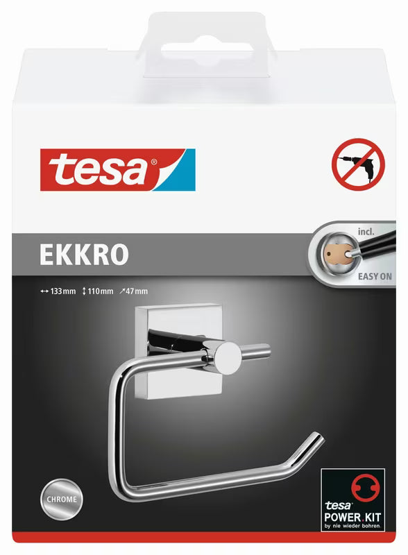 Chromuotas tualetinio popieriaus laikiklis Tesa Ekkro modernaus kampuoto dizaino pro tvirtinamas prie sienos be gręžimo.