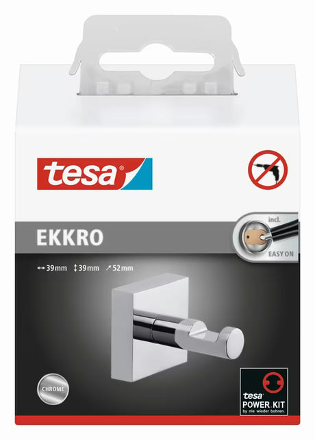 Chromuotas lipnus kabliukas Tesa Ekkro kampuoto dizaino pro rankšluosčiams kabinti be gręžimo.