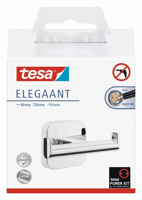 Dvigubas sieninis kabliukas Tesa Elegaant, blizgaus chromo, pro rankšluosčiams ir chalatams kabinti be gręžimo.