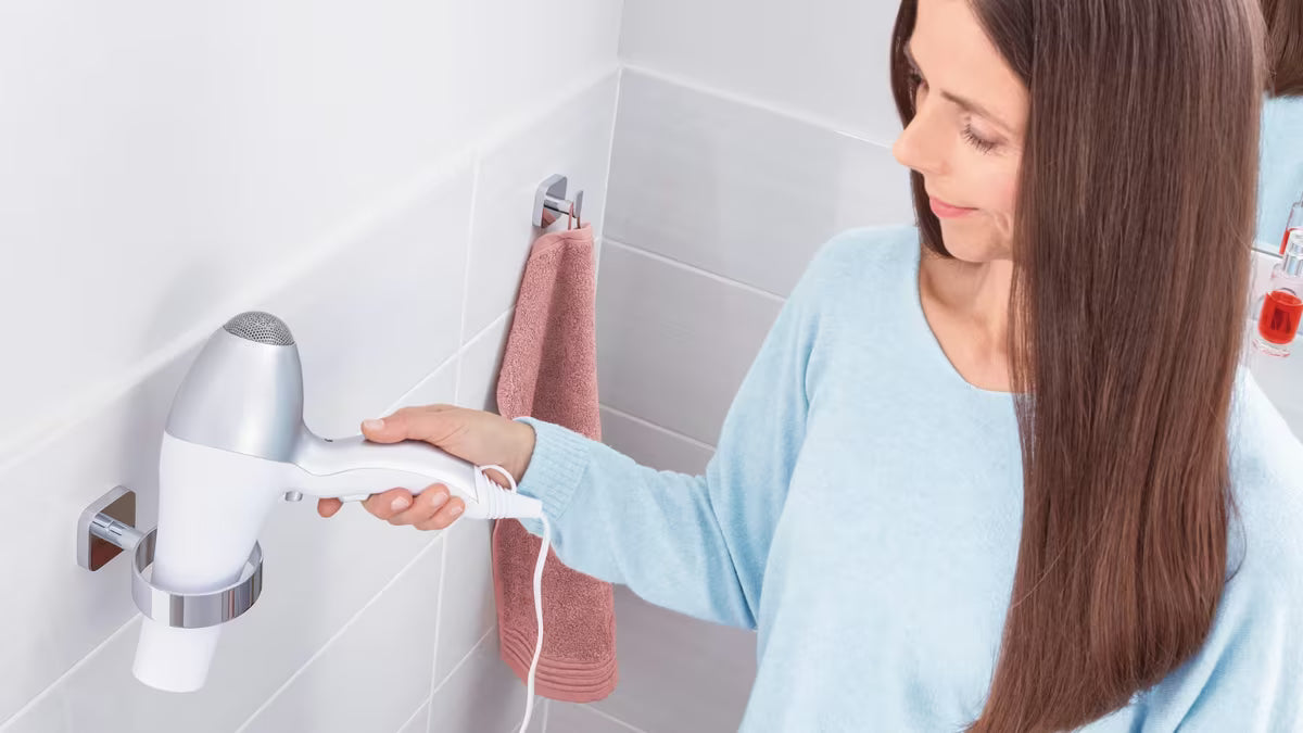 Chromuotas sieninis plaukų džiovintuvo laikiklis Tesa Elegaant, montavimas be gręžimo su Power.Kit