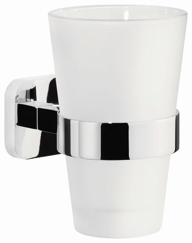 Chromuotas stiklinės ir šepetėlių laikiklis Tesa Elegaant su matinio stiklo stikline tvirtinamas prie sienos