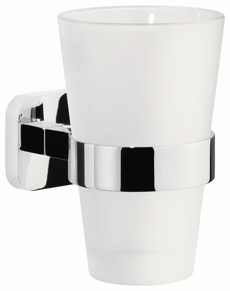 Chromuotas stiklinės ir šepetėlių laikiklis Tesa Elegaant su matinio stiklo stikline tvirtinamas prie sienos