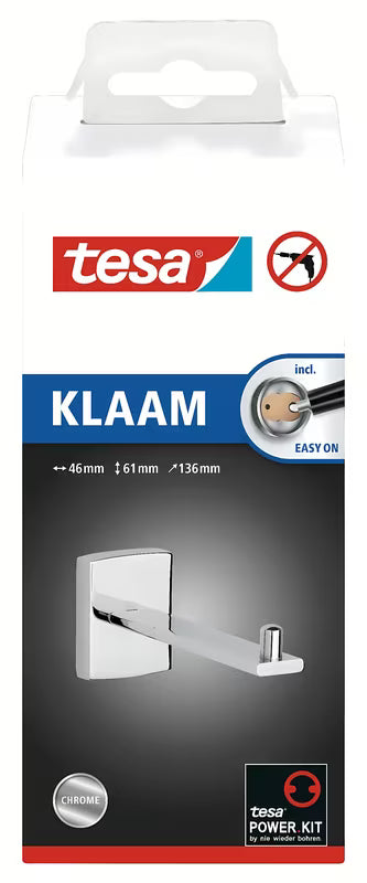 Chromuotas tualetinio popieriaus laikiklis tesa Klaam su tvirtinimu be gręžimo naudojant Power.Kit technologiją.