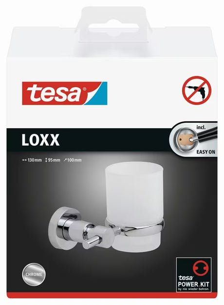 Chromuotas stiklinės ir šepetėlių laikiklis Tesa Loxx su matiniu stiklu, skirtas tvirtinti prie sienos