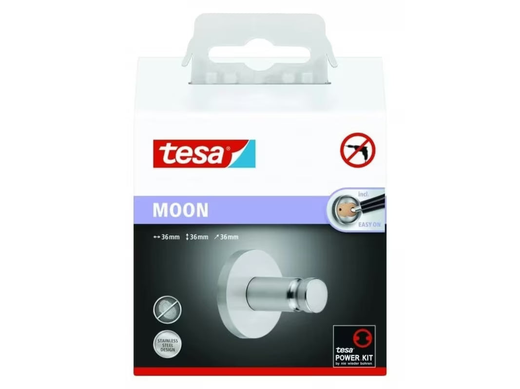 Sieninis kabliukas Tesa Moon iš šlifuoto plieno pro rankšluosčiams ir chalatams, montuojamas be gręžimo