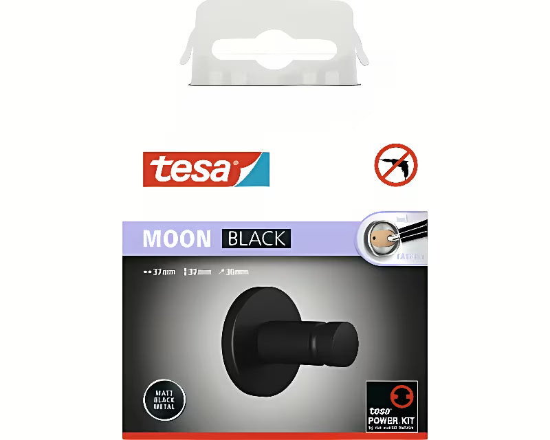 Matinės juodos spalvos kabliukas rankšluosčiams Tesa Moon Black su klijuojamu tvirtinimu Tesa Power.Kit be gręžimo