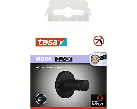 Matinės juodos spalvos kabliukas rankšluosčiams Tesa Moon Black su klijuojamu tvirtinimu Tesa Power.Kit be gręžimo