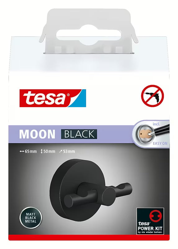 Matinės juodos spalvos vonios kambario kabliukas Tesa Moon Black su klijuojamu tvirtinimu be gręžimo