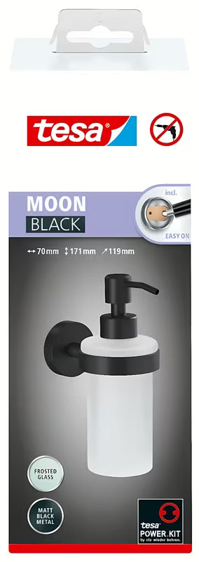 Tesa Moon Black skysto muilo dozatorius iš matinio stiklo su matiniu juodu laikikliu, pro montavimas be gręžimo