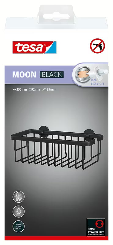 Matinės juodos spalvos dušo krepšelis Tesa Moon Black su tvirtinimu be gręžimo, naudojant klijavimo technologiją tesa Power.Kit.