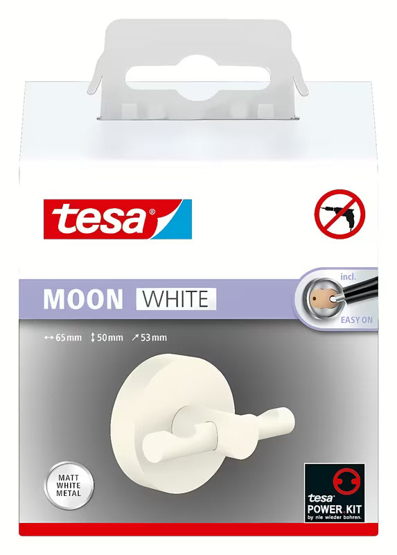 Matinės baltos spalvos vonios kabliukas Tesa Moon Black pro chalatui kabinti, montuojamas be gręžimo