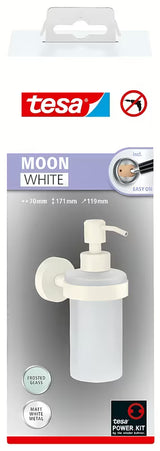 Baltas skysto muilo dozatorius Tesa Moon Black iš satino stiklo su laikikliu pro montavimas be gręžimo