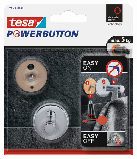 Chromuotas kabliukas Tesa powerbutton pro montavimas be gręžimo ant plytelių ir kitų lygių paviršių.
