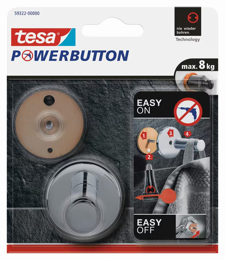 Chromuotas kabliukas Tesa powerbutton pro, montuojamas be gręžimo ant lygių paviršių, tinka vonios kambariui ir virtuvei.