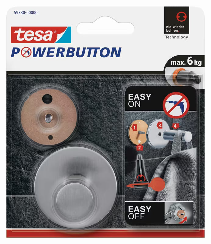 Tesa powerbutton Classic metalinis kabliukas iš šlifuoto plieno pro montavimas be gręžimo ant plytelių.