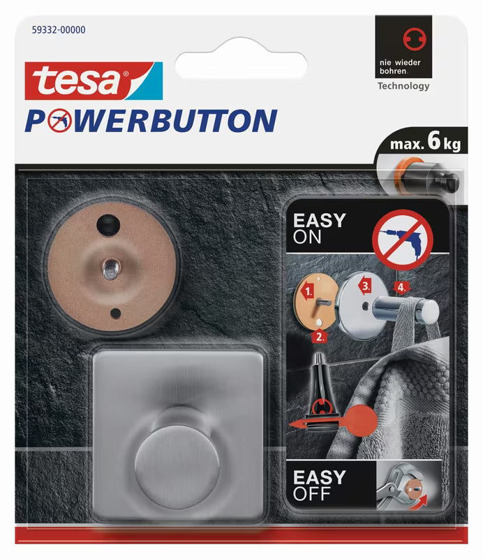 Kabliukas Tesa powerbutton Classic iš šlifuoto nerūdijančiojo plieno pro tvirtinimas be gręžimo.
