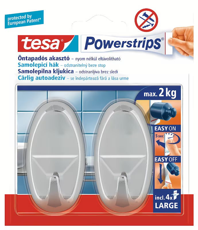 Dideli lipnūs kabliukai Tesa Powerstrips, chromo išvaizdos, pro montavimas be gręžimo