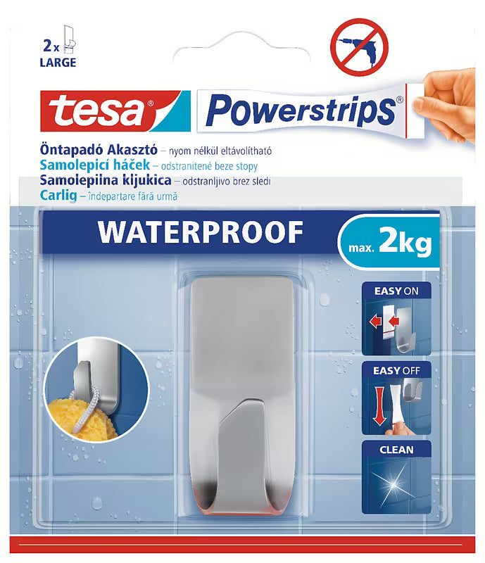 Vandeniui atsparus nerūdijančio plieno kabliukas Tesa Powerstrips pro rankšluosčiams ir aksesuarams kabinti be gręžimo.