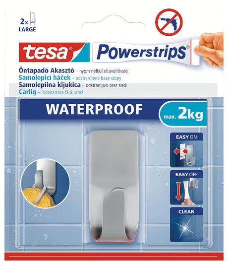 Vandeniui atsparus nerūdijančio plieno kabliukas Tesa Powerstrips pro rankšluosčiams ir aksesuarams kabinti be gręžimo.