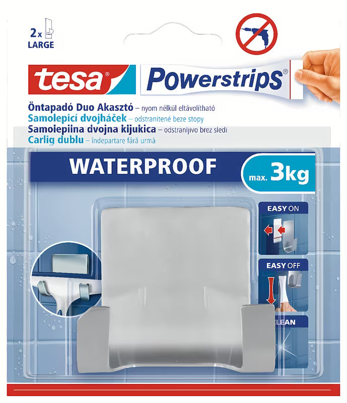 Vandeniui atsparus nerūdijančio plieno dvigubas kabliukas tesa Powerstrips Waterproof pro priedams kabinti duše