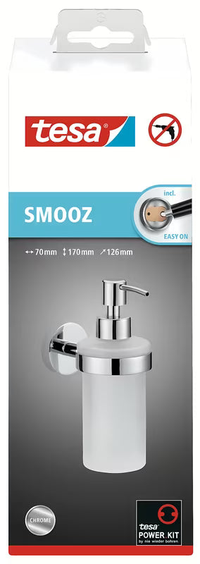 Chromuotas skysto muilo dozatorius Tesa Smooz su matiniu stiklu ir montavimu be gręžimo Power.Kit.