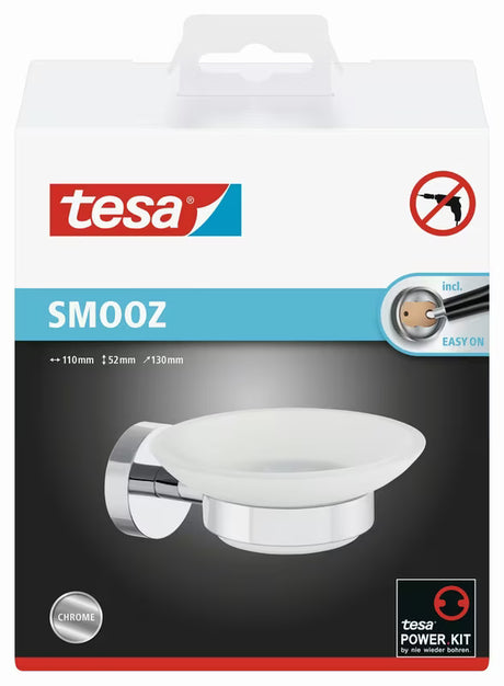 Chromuotas muilinės laikiklis Tesa Smooz su matinio stiklo indeliu pro, montuojamas be gręžimo