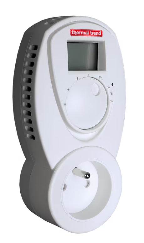 Thermal Trend termostatas TZ 33 į kištukinį lizdą su sukamu valdikliu ir LCD ekranu pro temperatūros reguliavimui.