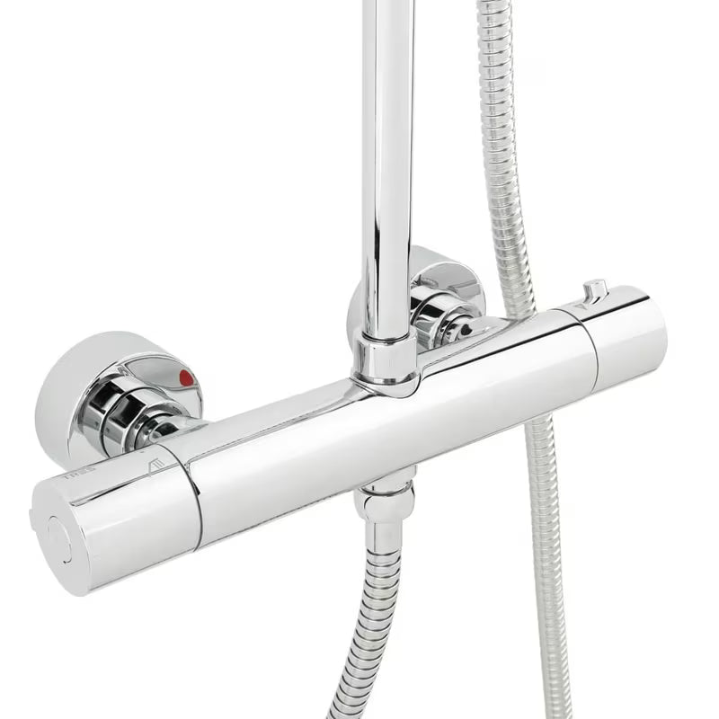 Dušo sistema Tres Base Plus su termostatiniu maišytuvu chrome apdailos su viršutiniu ir rankiniu dušu.