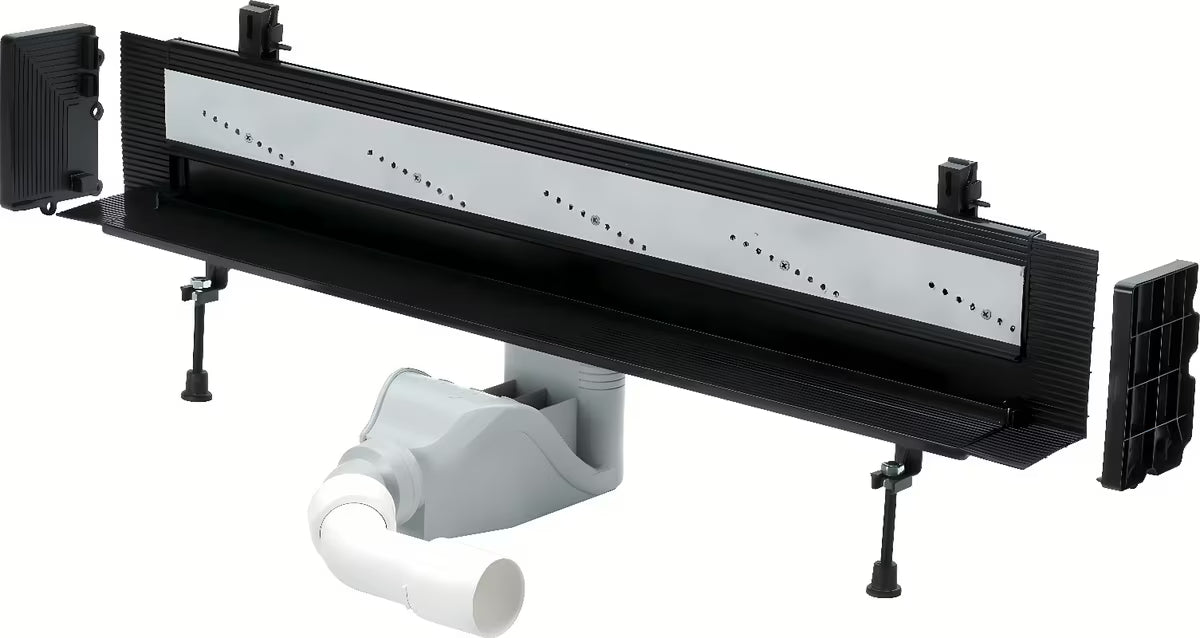 Juodas dušo latakas Viega Advantix Vario su siauru nutekėjimo plyšiu ir reguliuojamu 30–120 cm ilgiu.