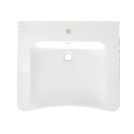 Baltas pakabinami neįgaliesiems praustuvas Vitra 65x56 cm iš keramikos su persipylimu ir anga pro maišytuvui centre.