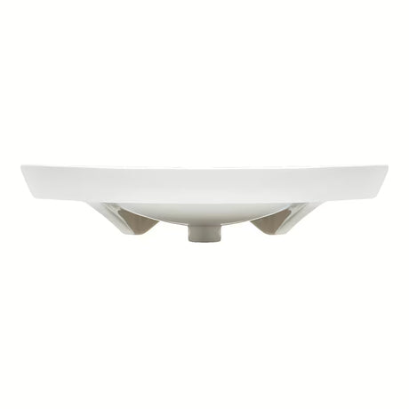 Baltas pakabinami neįgaliesiems praustuvas Vitra 65x56 cm iš keramikos su persipylimu ir anga pro maišytuvui centre.