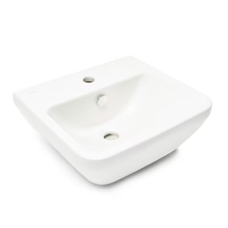 Baltas pakabinami keraminis praustuvas vitra Integra 45x40 cm su anga pro maišytuvui centre