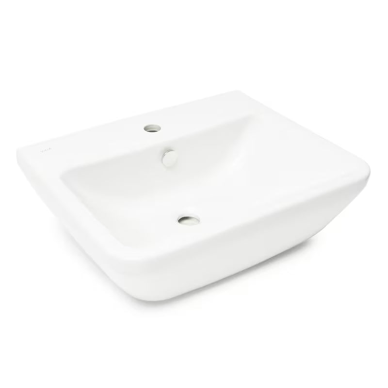Baltas pakabinami keraminis praustuvas vitra Integra 55x45 cm su anga pro maišytuvui centre ir persipylimo anga.