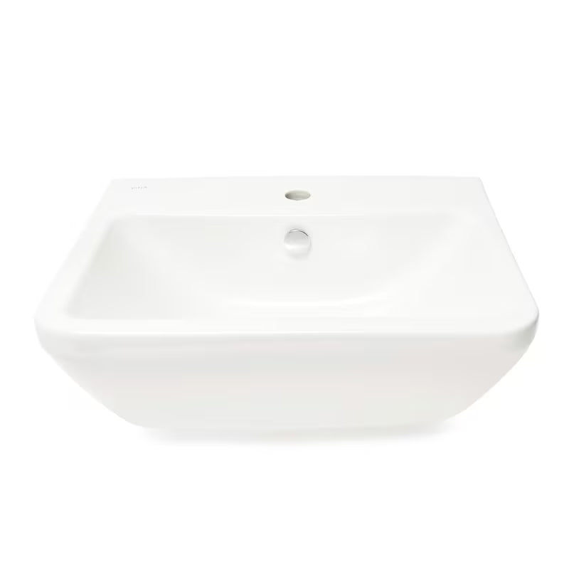 Baltas pakabinami keraminis praustuvas vitra Integra 55x45 cm su anga pro maišytuvui centre ir persipylimo anga.