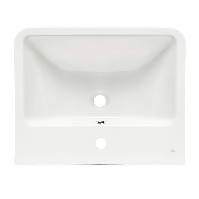 Baltas pakabinami keraminis praustuvas vitra Integra 55x45 cm su anga pro maišytuvui centre ir persipylimo anga.