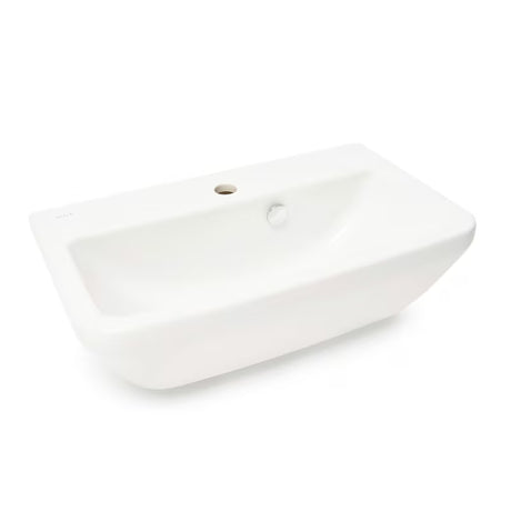 Baltas pakabinamas praustuvas Vitra Integra 60x36 cm, keraminis, su anga pro maišytuvui centre ir persipylimu.