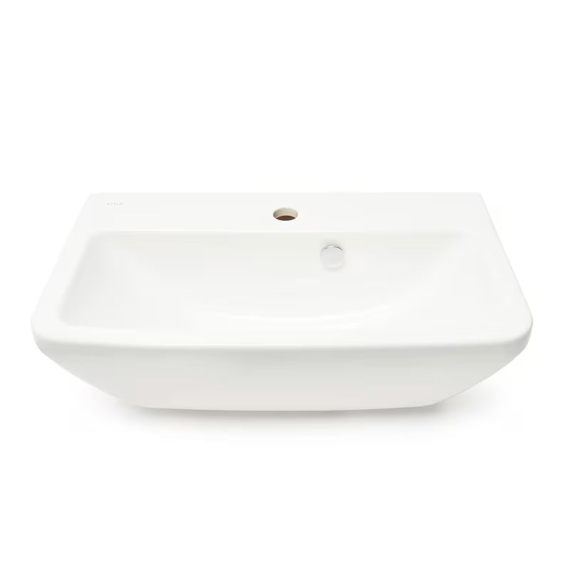 Baltas pakabinamas praustuvas Vitra Integra 60x36 cm, keraminis, su anga pro maišytuvui centre ir persipylimu.