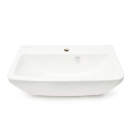 Baltas pakabinamas praustuvas Vitra Integra 60x36 cm, keraminis, su anga pro maišytuvui centre ir persipylimu.