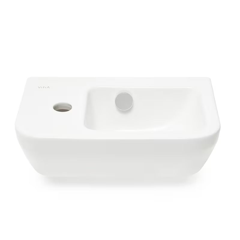 Baltas keraminis mažas praustuvas Vitra Integra 37x22 cm su anga maišytuvui kairėje, blizgus